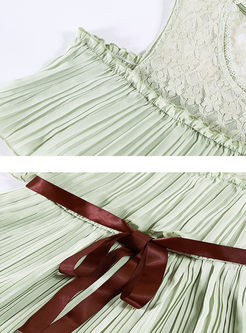 Chiffon Falbala Belt Splicing Pleated Dress