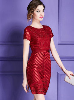 Solid Color Mesh Embroidery Sheath Dress