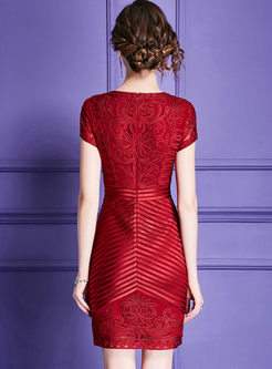 Solid Color Mesh Embroidery Sheath Dress