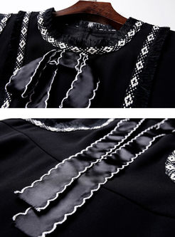 Black Bowknot Splicing Fringed Big Hem Dress