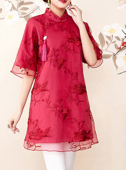 Wine Red Stand Collar Embroidered Tang Suit