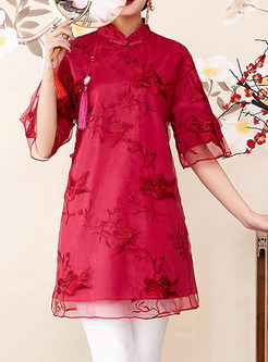 Wine Red Stand Collar Embroidered Tang Suit