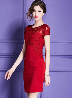 Wine Red Short Sleeve Embroidery Splicing Sheath Dress