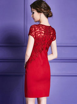Wine Red Short Sleeve Embroidery Splicing Sheath Dress