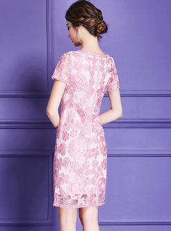 Pink Flower Embroidery Waist Elegant Bodycon Dress