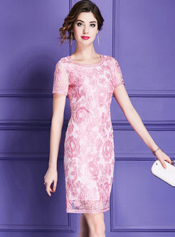 Pink Flower Embroidery Waist Elegant Bodycon Dress