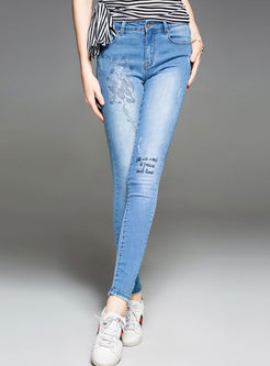Casual Embroidery Denim Pencil Pants