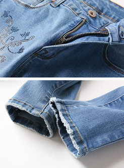 Casual Embroidery Denim Pencil Pants
