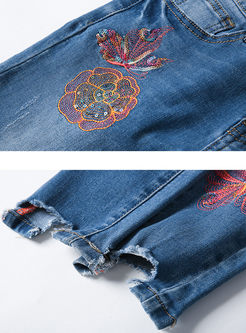 Embroidery Fashion Pencil Denim Pants 