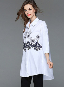 White Embroidered Lapel Loose Blouse