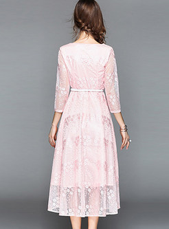 Pink Lace Embroidered Bridesmaid Dress