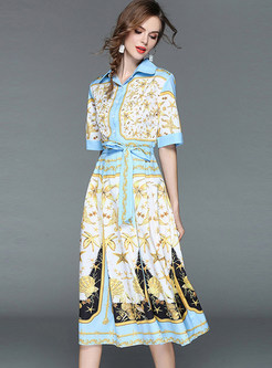 Court Lapel Belted Print Pleated Dress