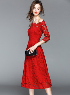 Red Hollow Out A Line Party Dress