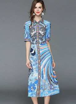 Stylish Print Lapel Short Sleeve A Line Dress