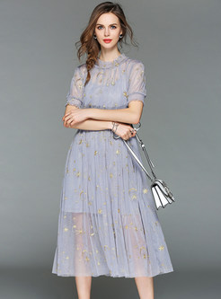 Grey Mesh Star Embroidered Dress With Underskirt