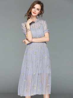 Grey Mesh Star Embroidered Dress With Underskirt