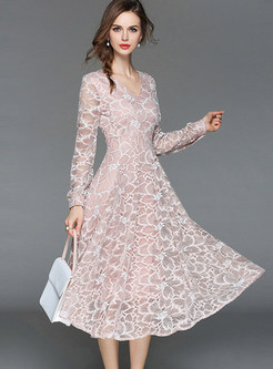 Pink Elegant Embroidered Lace Dress