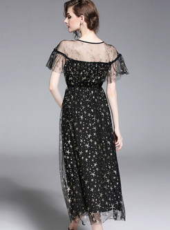 See Through Mesh Star Embroidered Maxi Dress