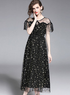 See Through Mesh Star Embroidered Maxi Dress
