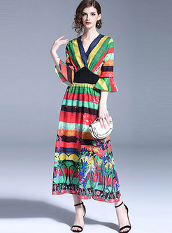 Rainbow Striped V-neck Flare Sleeve Maxi Dress