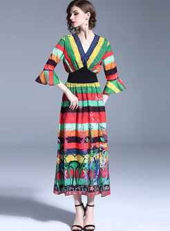 Rainbow Striped V-neck Flare Sleeve Maxi Dress