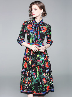 Floral Print Bowknot High Waisted Midi Dress