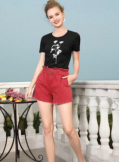 Black Slim Embroidered Short Sleeve T-shirt