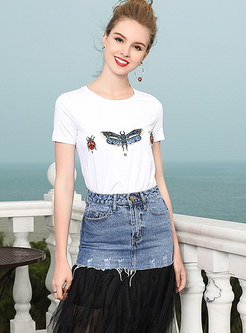 Butterfly Embroidered Short Sleeve T-shirt