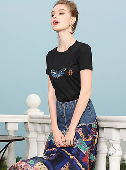 Black Insect Pattern Embroidered T-shirt