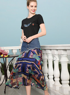 Black Insect Pattern Embroidered T-shirt