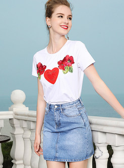 Heart Flower Embroidered Slim T-shirt