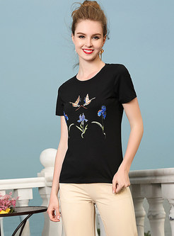 Brief Bird And Flower Embroidered T-shirt