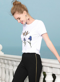 White Short Sleeve Embroidered Slim T-shirt