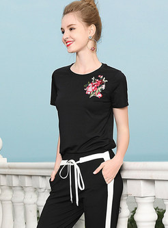 Black Flower Embroidered Cotton T-shirt