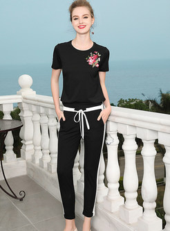 Black Flower Embroidered Cotton T-shirt