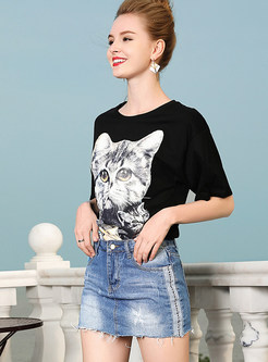 Black Loose Cute Print T-shirt