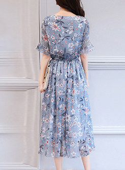 Blue Gathered Waist Floral Print Chiffon Dress