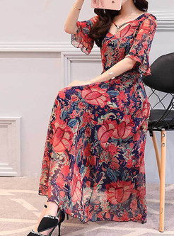 Floral Print Flare Sleeve Chiffon Dress
