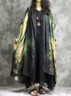 Casual Batwing Sleeve Print Plus Size Coat 
