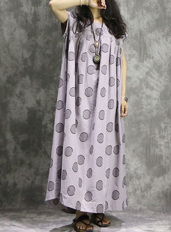 Grey Linen Dot Print Plus Size Maxi Dress