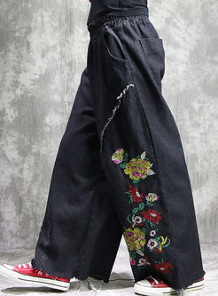 Ethnic Embroidery Denim Wide Leg Pants 