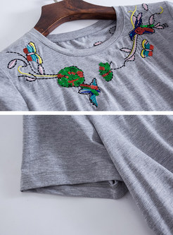 Flower Embroidered Short Sleeve T-shirt