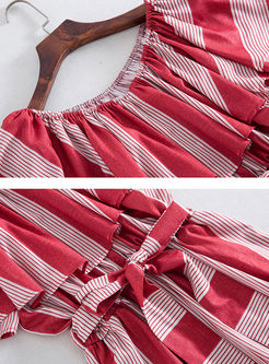 Striped Slash Neck Ruffle Sleeve Jumpsuit