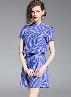 Casual Striped Stand Collar Two-piece Outfits