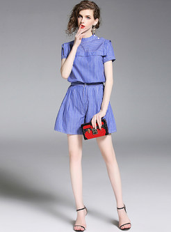 Casual Striped Stand Collar Two-piece Outfits
