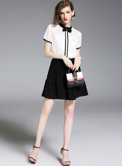 White Bowknot Short Sleeve T-shirt & Black A Line Skirt