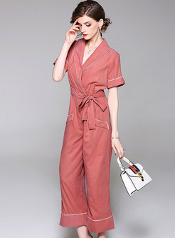 Casual Belted Notched Neck Jumpsuit