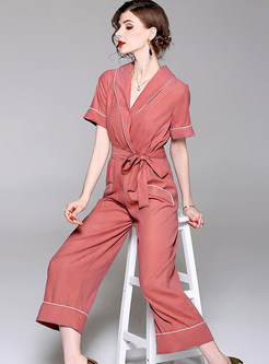 Casual Belted Notched Neck Jumpsuit