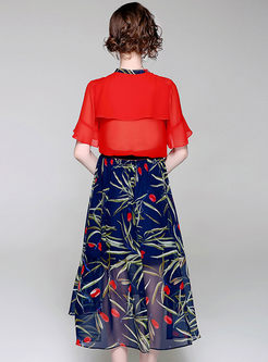 Red Chiffon Ruffle Sleeves Blouse & Floral Print Skirt