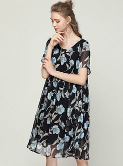 Elegant Chiffon Loose Flower Print Dress